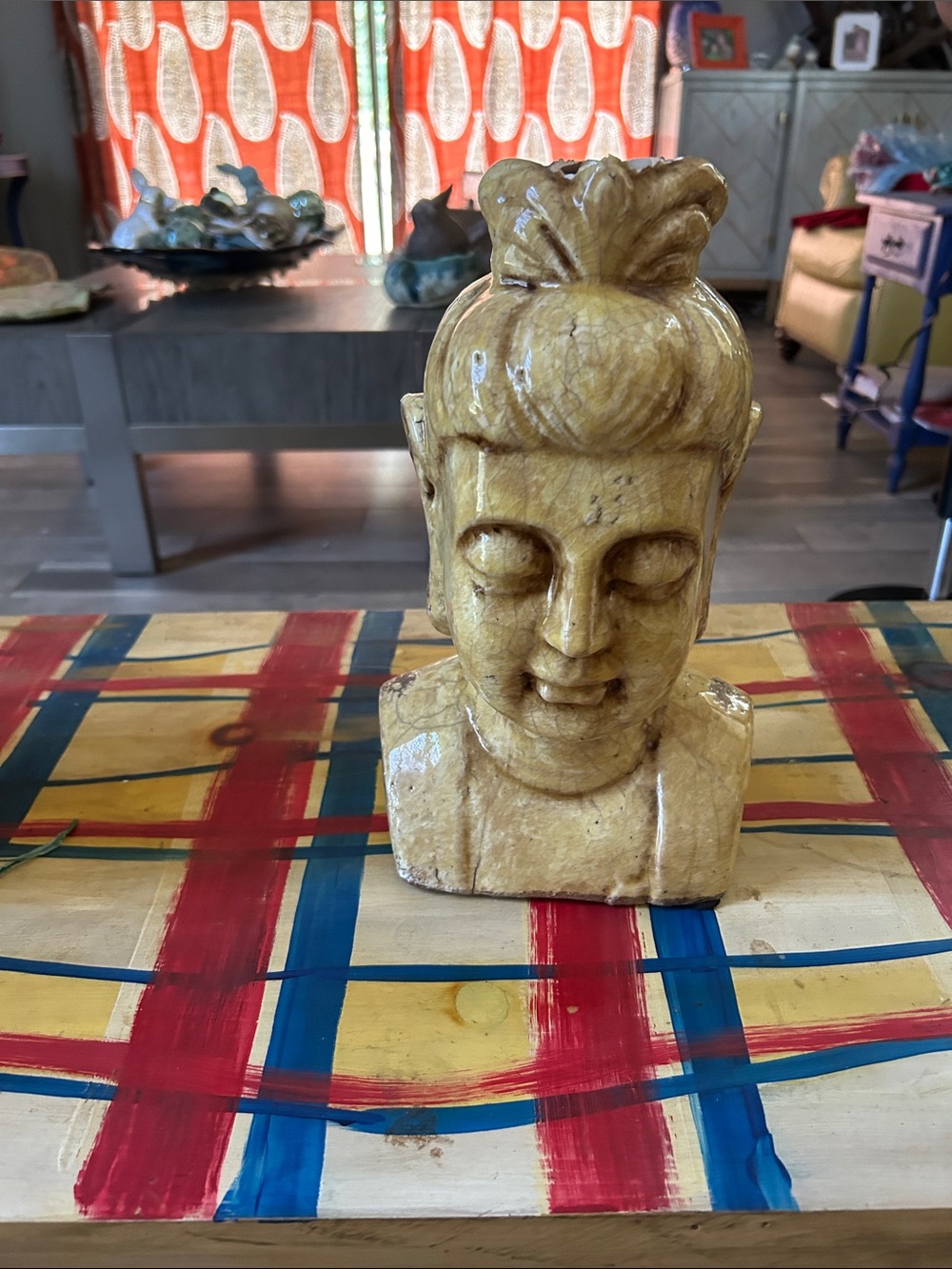 Ceramic Buddha Bust Sculpture in Yellow - Decorative Home Accent